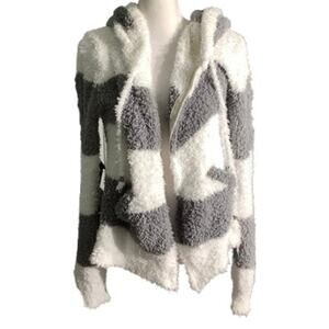 POL Fuzzy Hooded Zip-Up Jacket Women Striped Size Small — Cozy, Soft, Casual